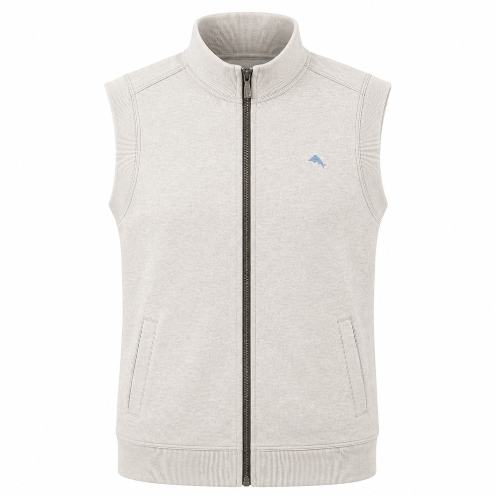 Tommy Bahama Vest Men Large Cream Full Zip Ribbed Cotton Marlin Logo Pockets
